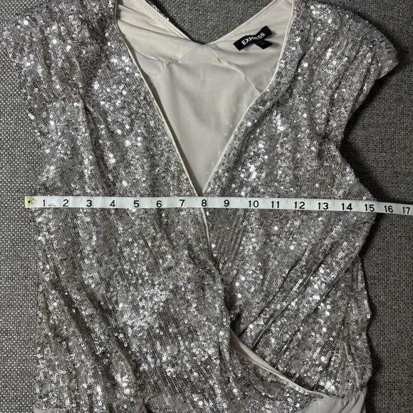Express Womens Small  Silver Sequin Sparkly Stretchy Bodysuit Y2K Glam party - Picture 5 of 7